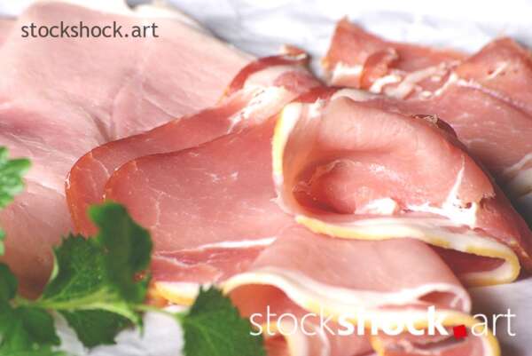ham on a paper background with a green branch
