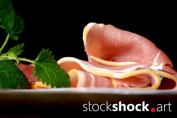 ham on a black background with a green branch