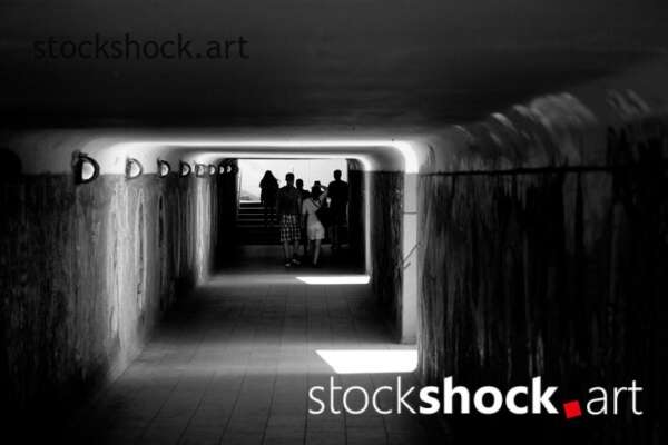 Riga, Latvia, People in underpass, black and white, stock image