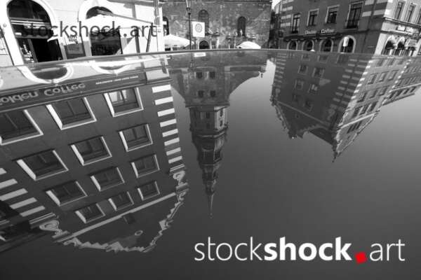 Riga, Latvia. Reflection in the mirror. Church of St. Peter. Centrum, architecture, stock image