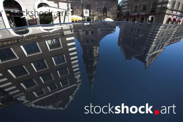 Riga, Latvia. Reflection in the mirror. Church of St. Peter. Centrum, architecture, stock image