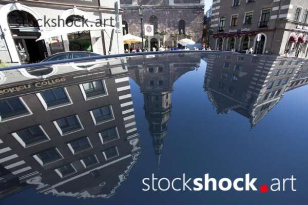 Riga, Latvia. Church of St. Peter. Centrum, architecture, reflection in the mirror - stock image