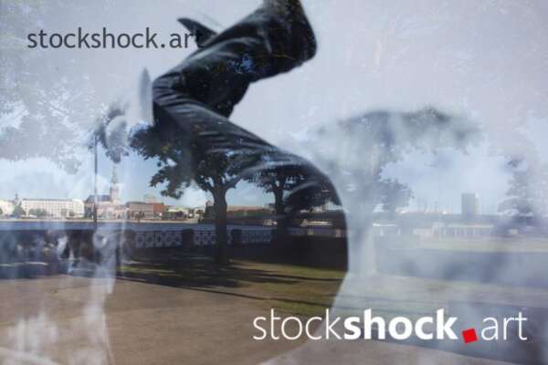 Riga, Latvia, panorama in the reflection of a mirror - stock image