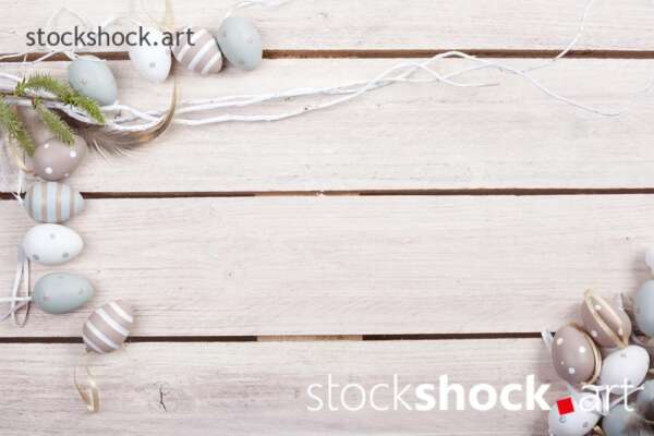 Easter eggs on wooden boards, postcard – stock image