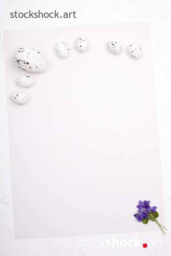 Easter eggs with violets on a white background