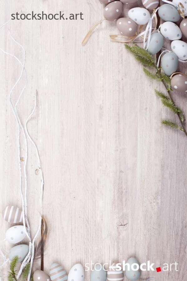 Easter eggs on wooden boards, postcard – stock image