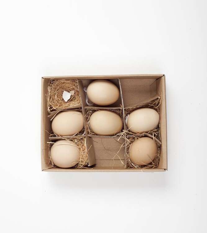 Easter. Eggs in a carton with a straw lining on a white background