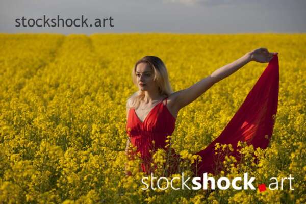 Girl in a red dress in yellow rapeseed, portrait, stock image