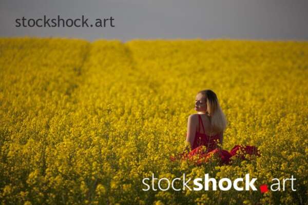 Girl in a red dress in yellow rapeseed, portrait, stock image