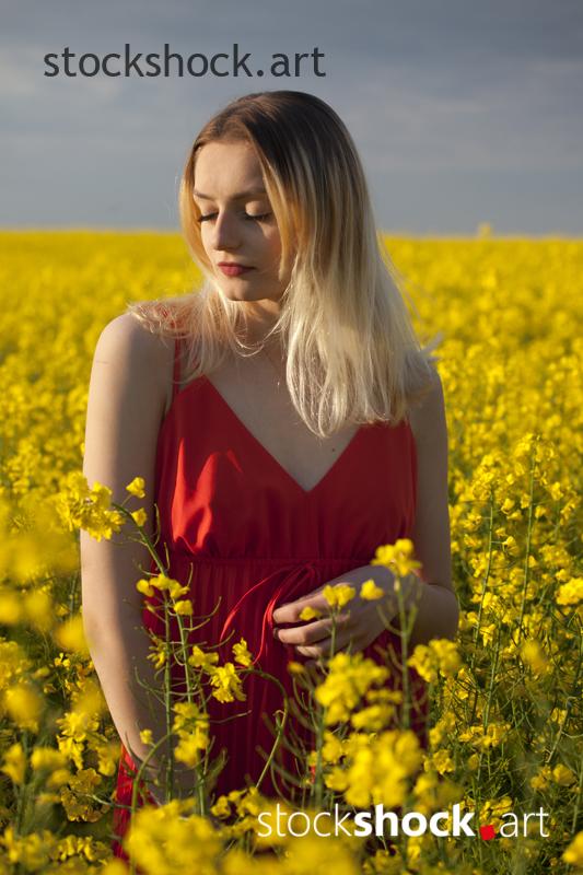 Girl in a red dress in yellow rapeseed, portrait, stock image