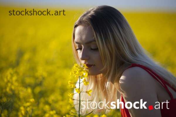 Girl in a red dress in yellow rapeseed, portrait, stock image