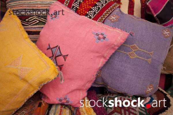 Colorful pillows, Moroccan patterns, colorful fabrics, stock image