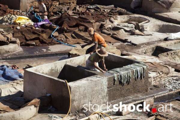 Morocco. Marrakech. People working in tanning and dyeing leather