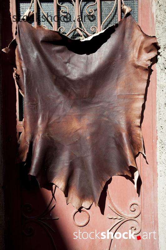 Morocco. Marrakech. Leather hanging on the door, drying in the sun - stock image