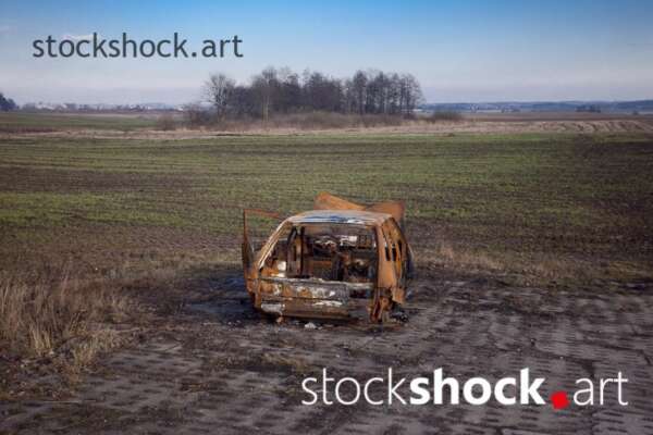 Old, burnt car in the meadow, rust