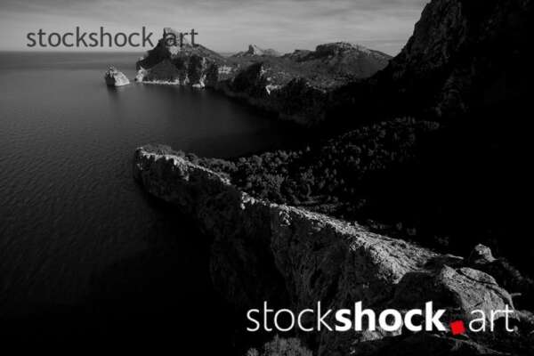 Majorca, view of the Mediterranean Sea, b&w, stock image