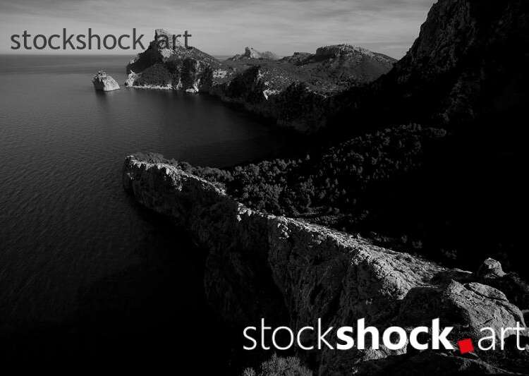 Majorca, view of the Mediterranean Sea, b&w, stock image