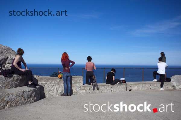 Majorca, tourists at the viewpoint of the Mediterranean Sea, stock image