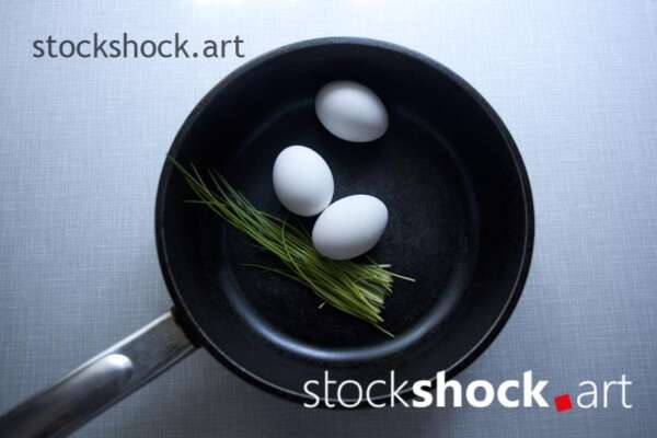 Still life, egs in a pan with chives – stock image