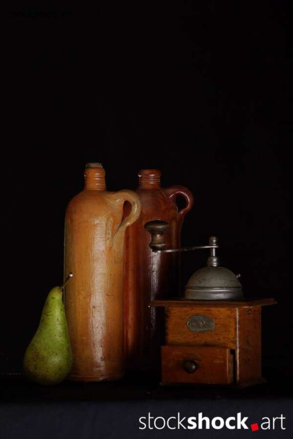 Still life with odl clay jugs, old, wooden coffee grinder and a pear, stock image, jowita niemczyk