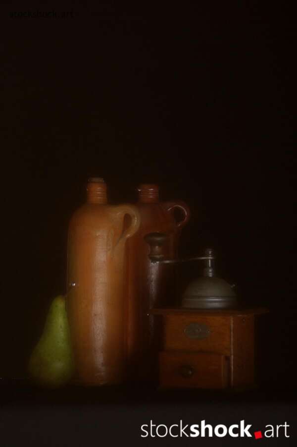 Still life with odl clay jugs, old, wooden coffee grinder and a pear, stock image, jowita niemczyk