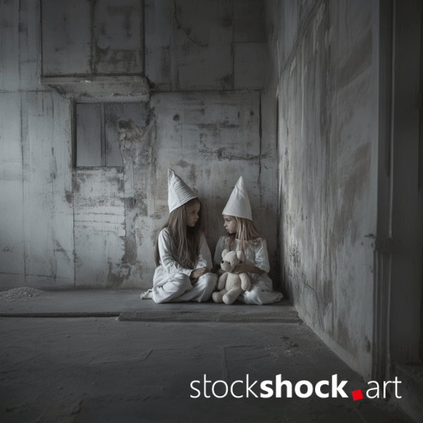 In a grey, concrete, dingy room with a small window on the left side, through which rays of light enter, sit two girls dressed in white linen shirts, and white pointed, very high hats, stock image AI