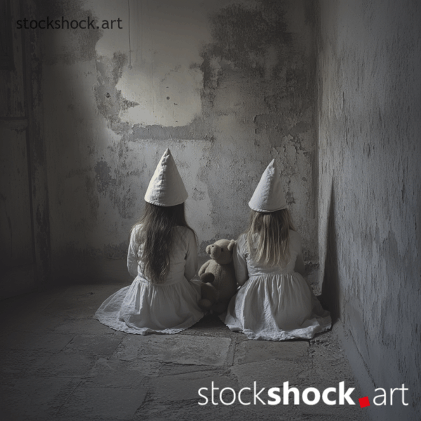In a grey, concrete, dingy room with a small window on the left side, through which rays of light enter, sit two girls dressed in white linen shirts, and white pointed, very high hats, stock image AI