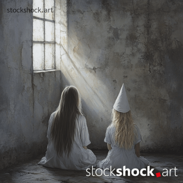 In a grey, concrete, dingy room with a small window on the left side, through which rays of light enter, sit two girls dressed in white linen shirts, and white pointed, very high hats, stock image AI