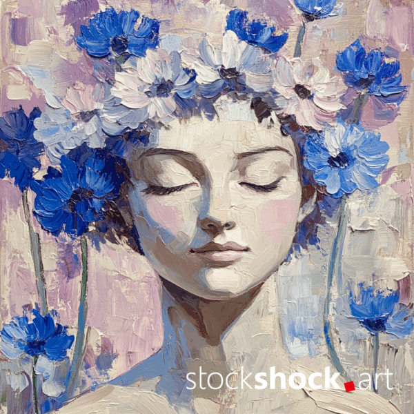 Woman in Cornflowers, AI-generated image inspired by Gustav Klimt. Beautiful blue cornflowers on a pastel background.