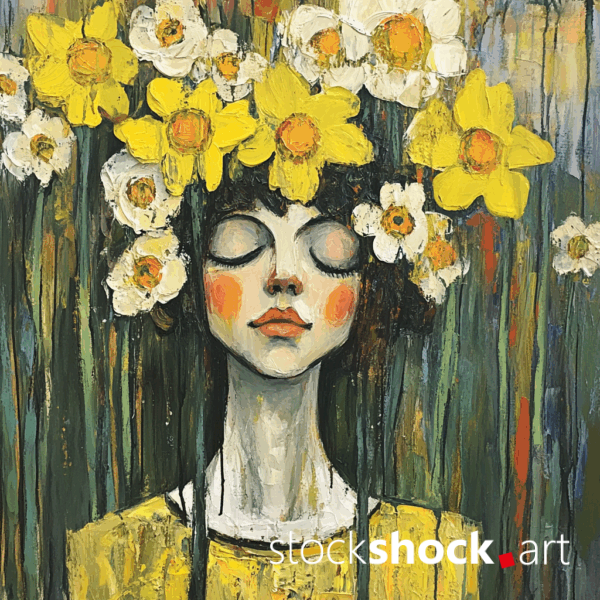 Woman in Daffodils AI-generated image inspired by Gustav Klimt. Beautiful yellow flowers combined with a green background
