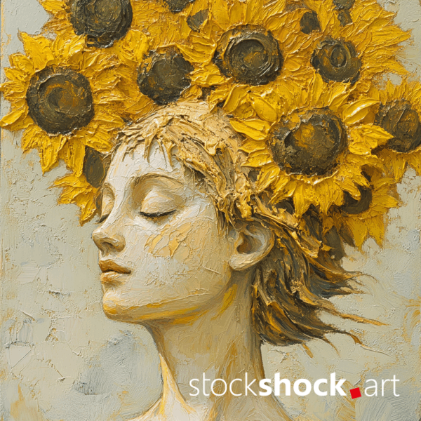 Woman in Sunflowers. AI-generated image inspired by Gustav Klimt. Beautiful yellow sunflowers on a light, pastel background.