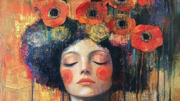 Woman in poppies. AI-generated image inspired by Gustav Klimt. Beautiful red poppies above her head raised up. Eyes closed, red cheeks, nostalgia.