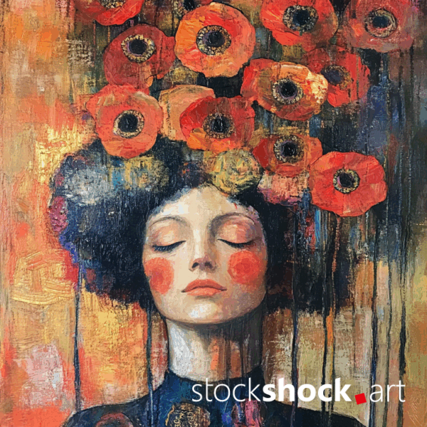 Woman in poppies. AI-generated image inspired by Gustav Klimt. Beautiful red poppies above her head raised up. Eyes closed, red cheeks, nostalgia.