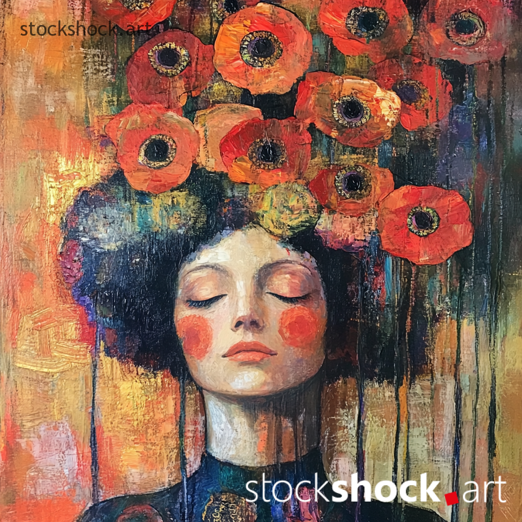 Woman in poppies. AI-generated image inspired by Gustav Klimt. Beautiful red poppies above her head raised up. Eyes closed, red cheeks, nostalgia.