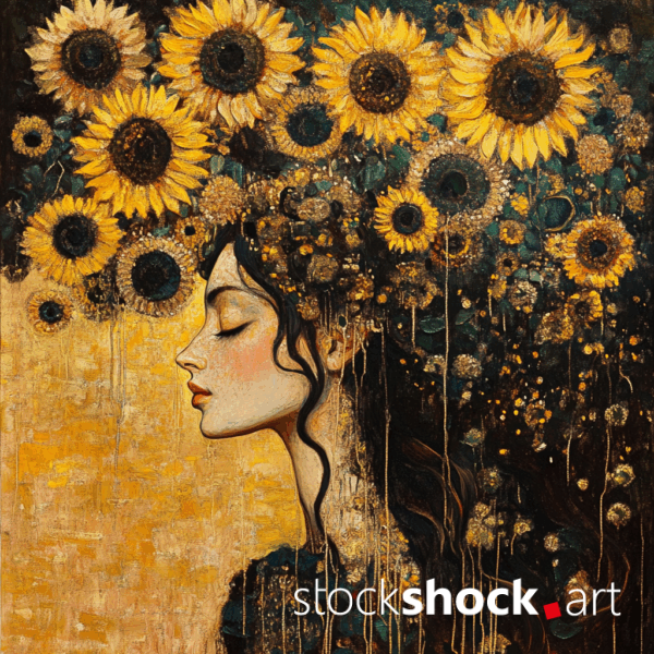 Woman in Sunflowers. AI-generated image inspired by Gustav Klimt. Beautiful yellow sunflowers on a light, pastel background.