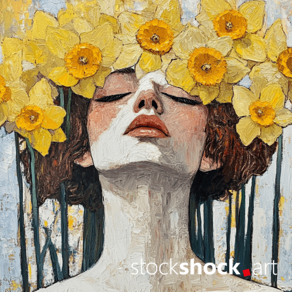 Woman in Daffodils AI-generated image inspired by Gustav Klimt. Beautiful yellow flowers combined with a green background
