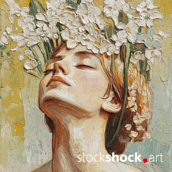 Woman in Daffodils AI-generated image inspired by Gustav Klimt. Beautiful yellow flowers combined with a green background