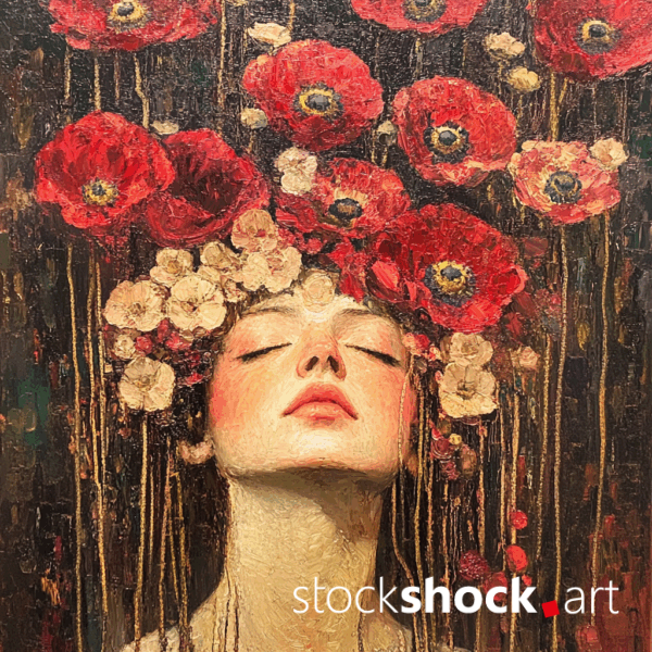 Woman in poppies. AI-generated image inspired by Gustav Klimt. Beautiful red poppies above her head raised up. Eyes closed, red cheeks, nostalgia.