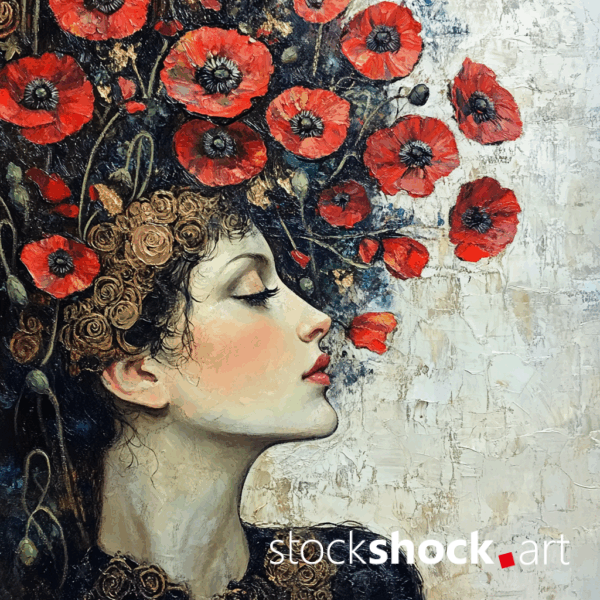 Woman in poppies. AI-generated image inspired by Gustav Klimt. Beautiful red poppies above her head raised up. Eyes closed, red cheeks, nostalgia.
