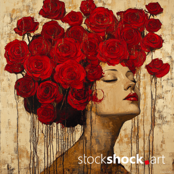 Woman in red roses on a gold background. AI-generated image inspired by Gustav Klimt. Beautiful red roses above the head of a thoughtful woman.