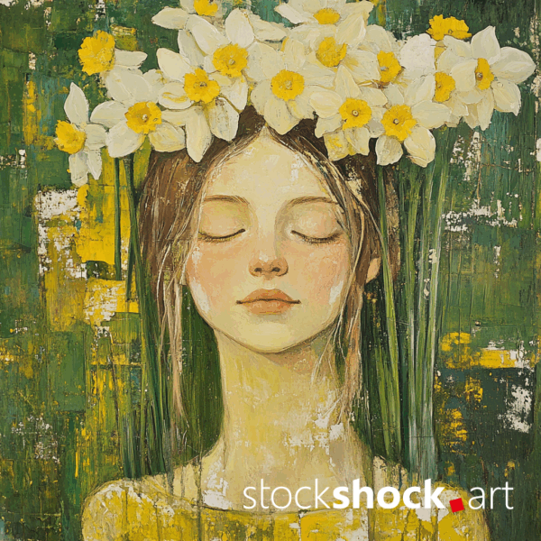 Woman in Daffodils AI-generated image inspired by Gustav Klimt. Beautiful yellow flowers combined with a green background