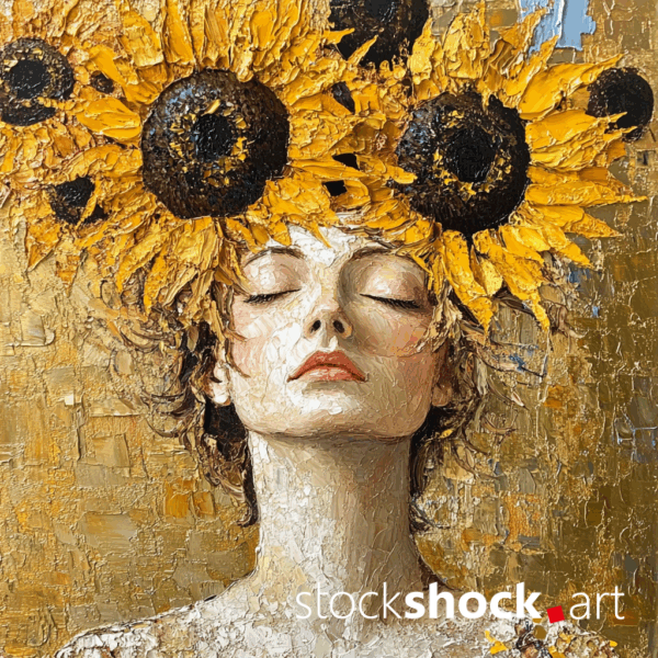 Woman in Sunflowers. AI-generated image inspired by Gustav Klimt. Beautiful yellow sunflowers on a light, pastel background.
