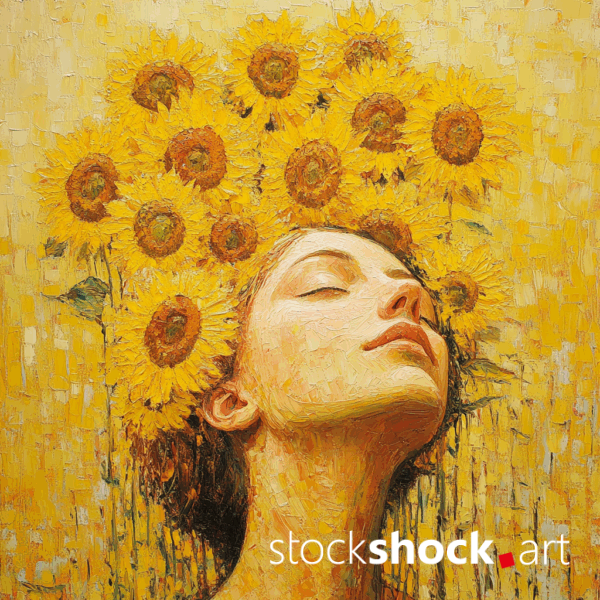 Woman in Sunflowers. AI-generated image inspired by Gustav Klimt. Beautiful yellow sunflowers on a light, pastel background.