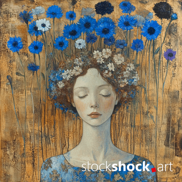Woman in Cornflowers, AI-generated image inspired by Gustav Klimt. Beautiful blue cornflowers on a pastel background.