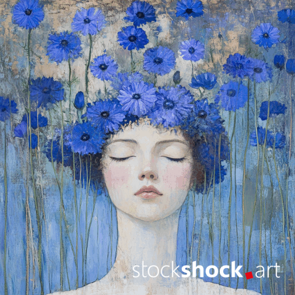 Woman in Cornflowers, AI-generated image inspired by Gustav Klimt. Beautiful blue cornflowers on a pastel background.