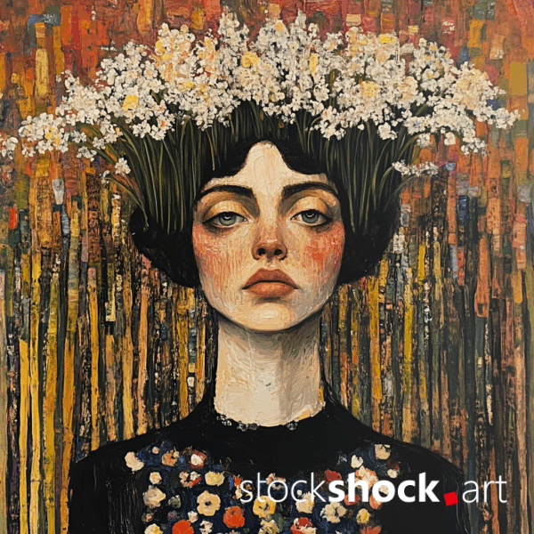 Woman in Daffodils AI-generated image inspired by Gustav Klimt. Beautiful yellow flowers combined with a dark background