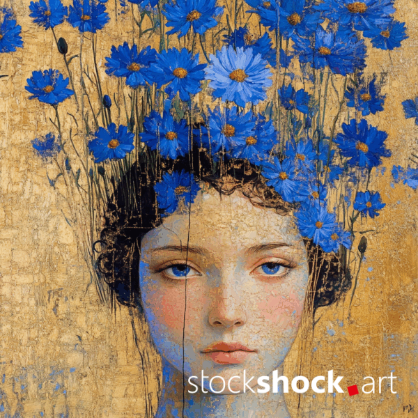 Woman in Cornflowers, AI-generated image inspired by Gustav Klimt. Beautiful blue cornflowers on a pastel background.