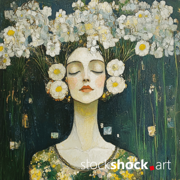 Woman in Daffodils AI-generated image inspired by Gustav Klimt. Beautiful yellow flowers combined with a green background