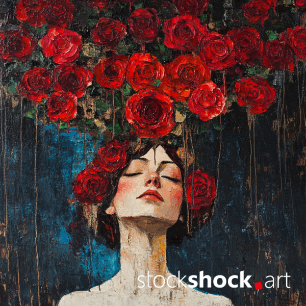 Woman in red roses AI-generated image inspired by Gustav Klimt. Beautiful red roses above the head of a thoughtful woman.