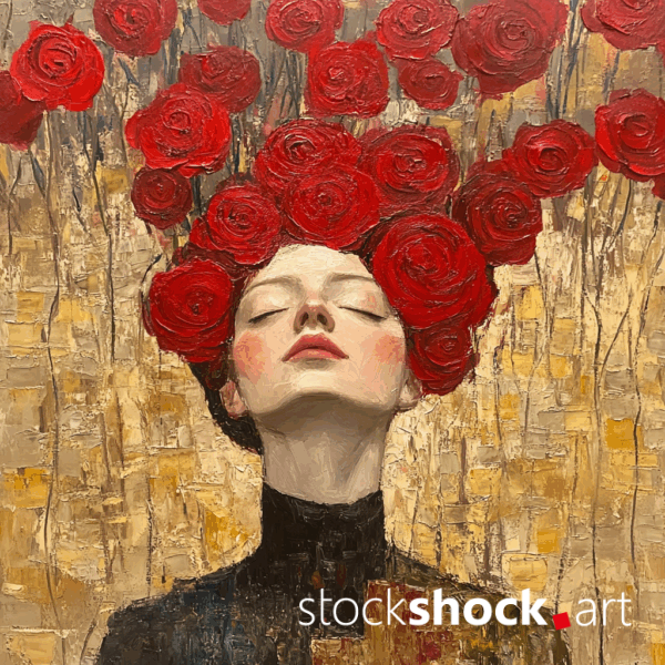 Woman in red roses AI-generated image inspired by Gustav Klimt. Beautiful red roses above the head of a thoughtful woman.